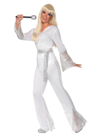 Smiffys 70s Disco Lady Costume, White with Top, Trousers and Belt, 1970's Disco Fancy Dress, 1970s Dress Up Costumes, Size: M - UK Size 12-14