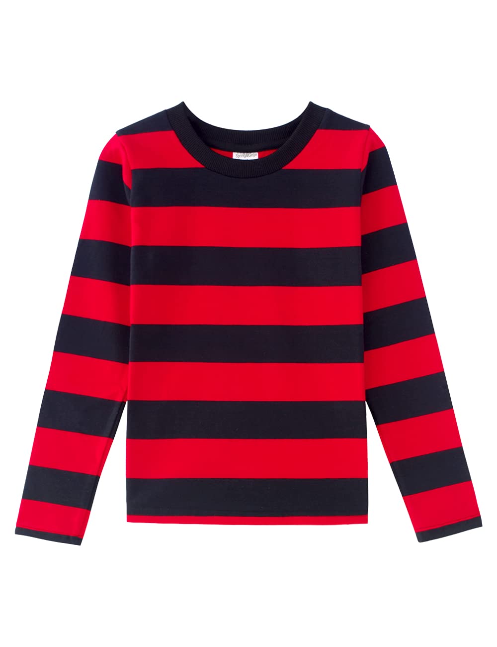 Spring&Gege Boys' Long Sleeve Striped T-Shirt Cotton Crew Neck Tees, Black and Red Stripes, 9-10 Years