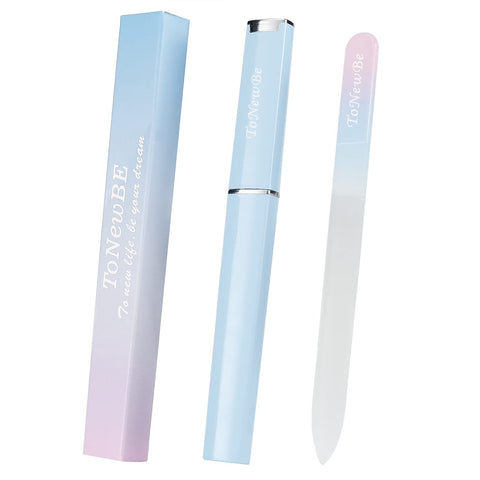 Glass Nail File in Case, Crystal Nail File, Glass Fingernail File, Manicure Nail Care, Gradient Color Czech Glass File, Double-Sided Etched Glass Nail File for Nail Art & Nail Care (Pink-Blue)