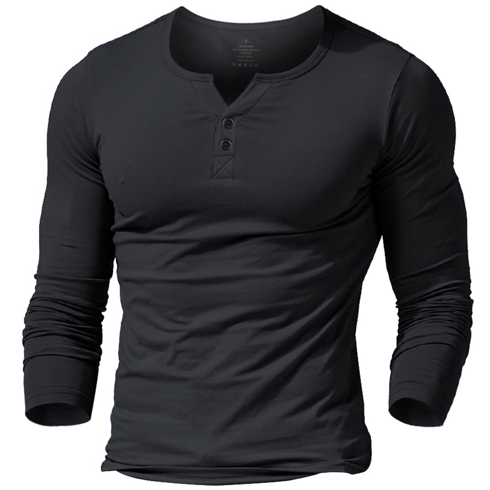 palglg Mens Cotton Muscle Slim Fitted Sport Henley T-Shirt with Button, Black-long Sleeve, Medium