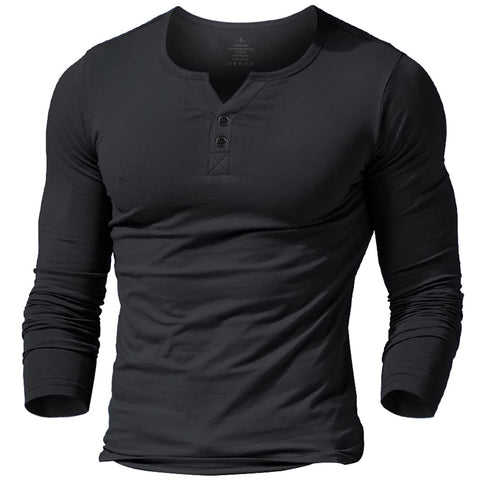 palglg Mens Cotton Muscle Slim Fitted Sport Henley T-Shirt with Button, Black-long Sleeve, Medium