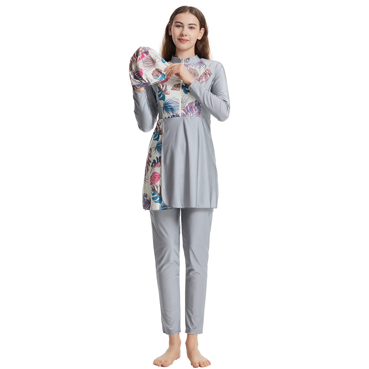 Burkini Swimsuits for Women Islamic Muslim Swimsuits Modest Swimsuits Full Body Swimwear Long Sleeve Rash Guard Swimming Tops Pants Hijab 3PCS Sun Protection Surfing Suit Swimming Costume Gray L
