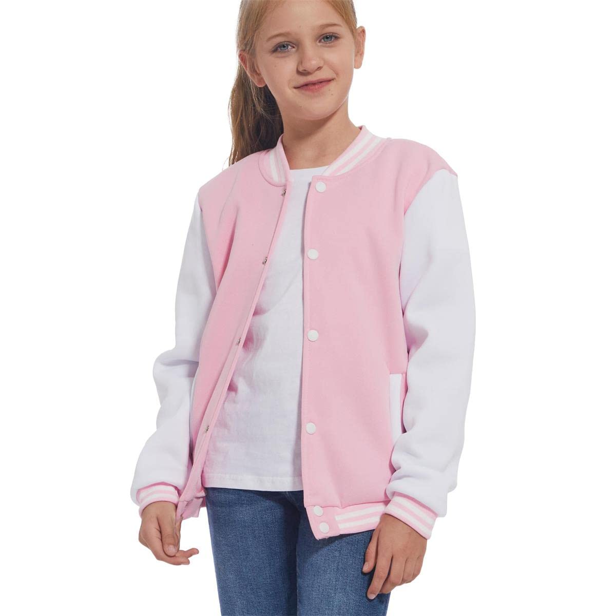 Mowbeat Kid's Baseball Jacket Boy's Varsity Style School Jackets Top for Girl Outerwear Jackets Sports Track Jackets Coat (PINK, 9-10Years)