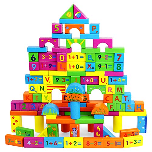 URBN-TOYS 100pcs Early Education ABC & Numbers Wooden Building Construction Blocks in Bucket