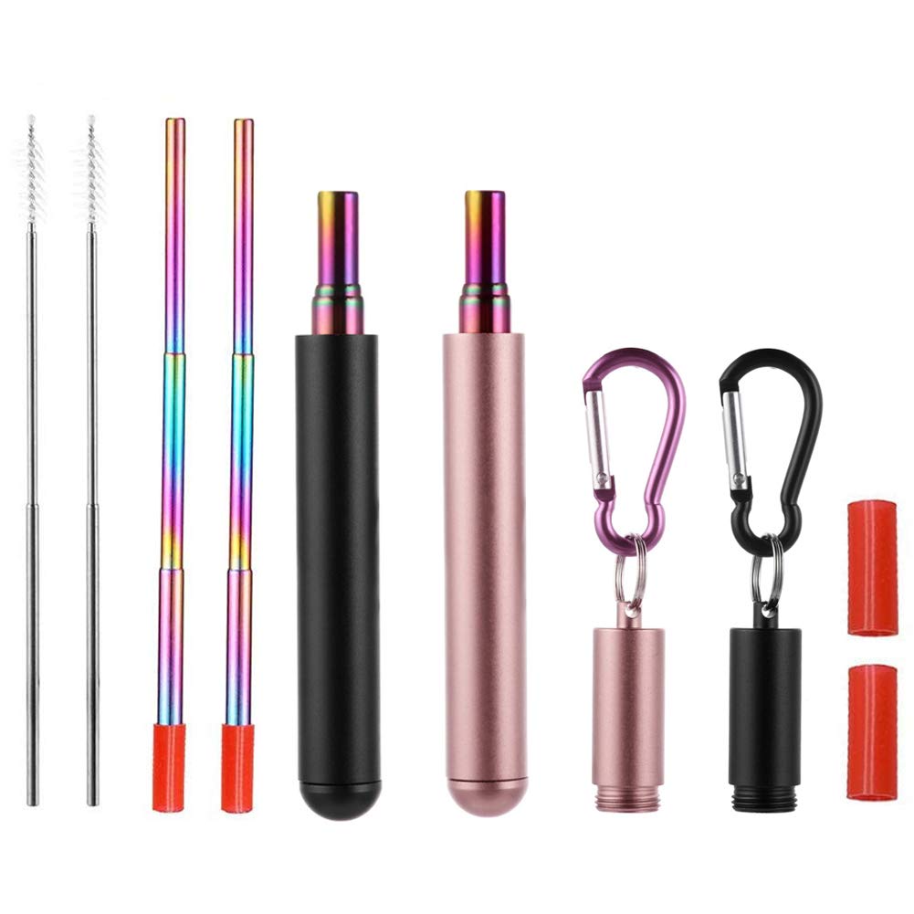 RZJZGZ 2 Pack Telescopic Reusable Straw, Collapsible Stainless Steel Straws, Portable Metal Drinking Straws with Aluminum Key-Ring Case & Cleaning Brush for Travel, Home, Work (Black and Rose Gold)
