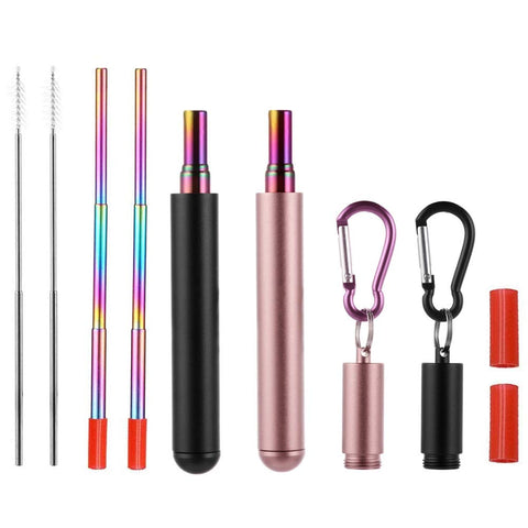 RZJZGZ 2 Pack Telescopic Reusable Straw, Collapsible Stainless Steel Straws, Portable Metal Drinking Straws with Aluminum Key-Ring Case & Cleaning Brush for Travel, Home, Work (Black and Rose Gold)