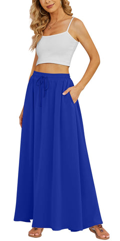 Yincro Women's Flowy Maxi Skirt Summer Pleated High Waisted Casual Long Skirts with Pockets (Royal Blue, S)