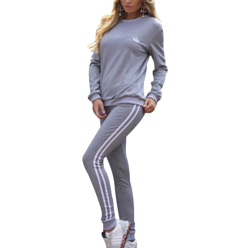 Tidecc Women Tracksuit Set Long Sleeve Stripe Sweatshirt Hoodies+Pants Sports Suits 2PCS Full Tracksuit 3 Colours