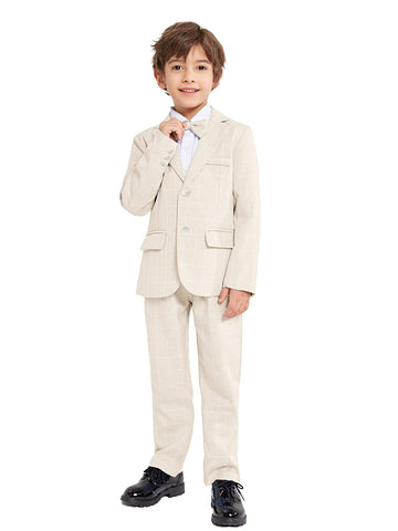 LOLANTA 3PCS Page Boys Plaid Suit, Wedding Prom Smart Blazer, Formal Wear Jacket Trousers Bow Tie Set(Beige,9-10 Years,Tag 140)