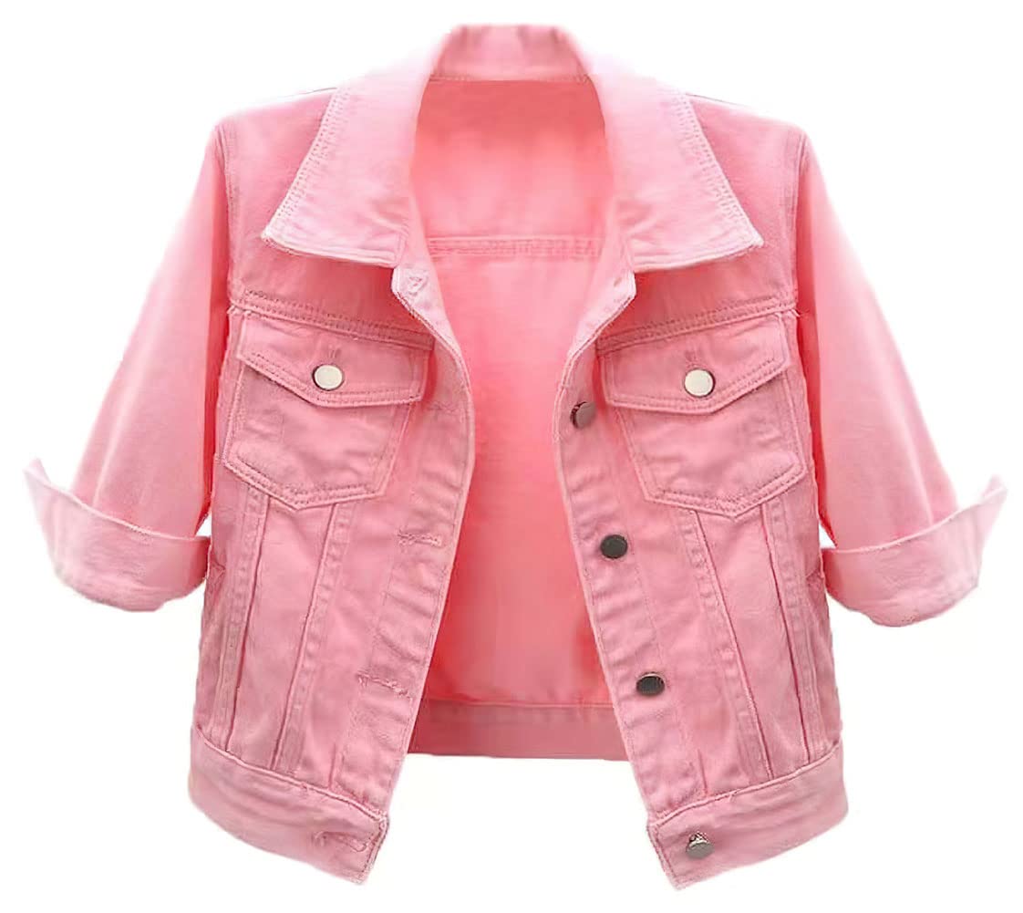 loveimgs Women Casual 3/4 Sleeve Button Down Cropped Denim Jean Jacket Motorcycle Short Jacket (Large, Pink)