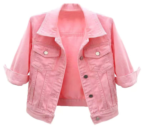 loveimgs Women Casual 3/4 Sleeve Button Down Cropped Denim Jean Jacket Motorcycle Short Jacket (Large, Pink)