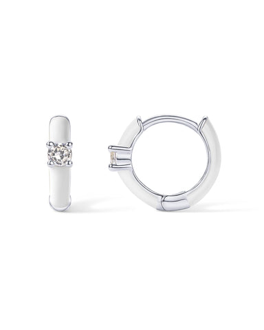 PAVOI Rhodium Plated Sterling Silver Post Enamel CZ Huggies | Colored Enamel & Round Cubic Zirconia Hoop Earrings for Women | White Enamel Jewelry