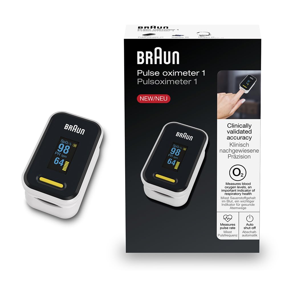 Braun Pulse Oximeter 1, Accurate Blood Oxygen Level & Heartbeat Monitor, Easy-to-use Finger-clip Design, Clinically Validated, For COPD, Pneumonia, Sleep Apnea Sufferers, Great for Athletes, YK-81CEU