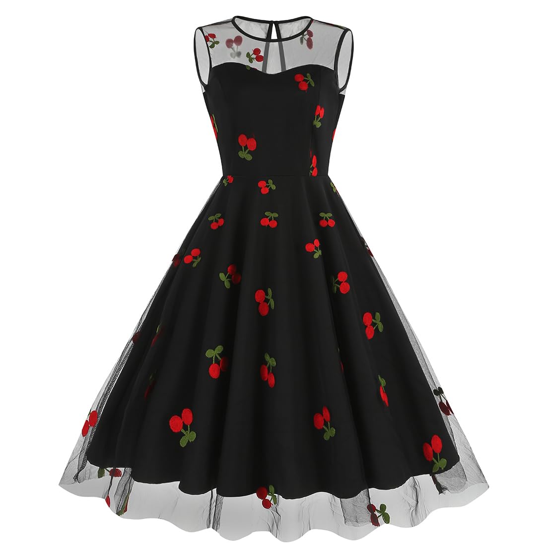 Women's 1950s Retro Vintage Cherry Dress Sleeveless Retro 50s Styles Black Mesh Dresses Wedding Guest Dresses Casual Summer Valentines Day Round Neck A Line Swing Holiday Dress Black Red Cherry S