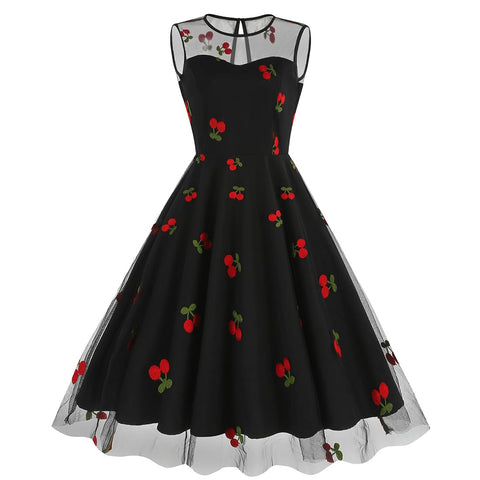 Women's 1950s Retro Vintage Cherry Dress Sleeveless Retro 50s Styles Black Mesh Dresses Wedding Guest Dresses Casual Summer Valentines Day Round Neck A Line Swing Holiday Dress Black Red Cherry S