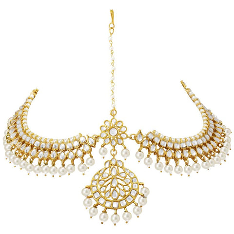 Aheli Indian Traditional Bollywood Faux Pearls Maang Tikka Matha Patti for Women Girls Jewelry White