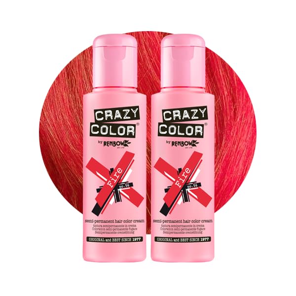 Crazy Color Vibrant Fire Semi-Permanent Duo Hair Dye. Highly Pigmented Pillarbox Red Conditioning & Oil Nourishing Vegan Formula | No Bleach or Ammonia | 200ml