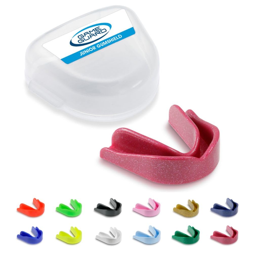 GAME GUARD Boil & Bite Mouth Guard/Gum Shield - Mouldable Mouthguard/gumshields - Junior/Kids/Childrens/Youth - CE Approved, School Sports, Rugby, Hockey (Pink Sparkle)