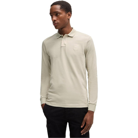 BOSS Mens Passerby Polo Shirt Long Sleeve Top Light Beige S