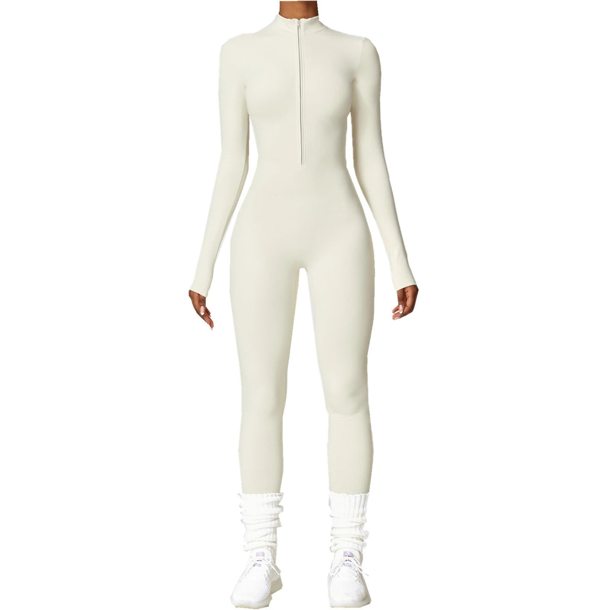 HOMDECR Jumpsuit for Women Ribbed Long Sleeve Jumpsuits Seamless Yoga Unitards Zip Up Ladies Romper All In One Jumpsuit Playsuit (White,XL)