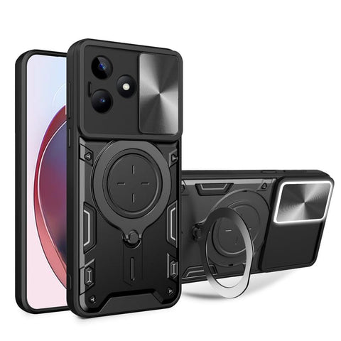 for Oppo Realme C53 Case, Slide Camera Lens Cover, Metal Ring Holder Stand, Support Magnetic, TPU PC Dual Layer, Heavy Duty Shockproof Phone Case Cover for Oppo Realme Narzo N53, Black