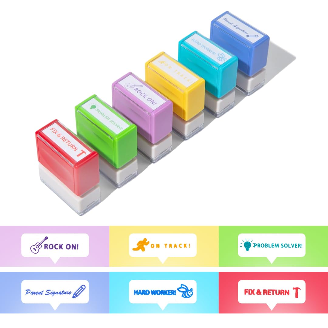 Teacher Stamps for Classroom, Positive Growth Mindset Self Inking Stamps for Teachers Elementary, Motivational Grading Stamps, Grading Stamps for Positively Encouraging Students, Set of 6