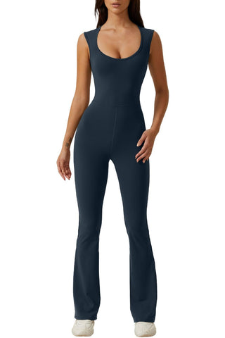 QINSEN Woman's Sweetheart Neck Soft Stretch Sleeveless Flared Bottom Jumpsuit Navy Blue M