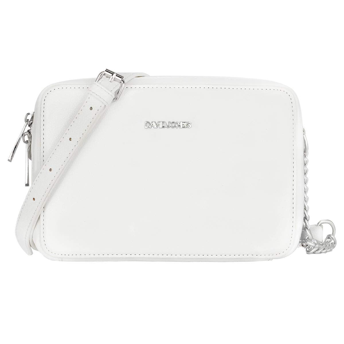 David Jones - Womens Small Square Crossbody Bag - Ladies Chain Shoulder Messenger Bag - PU Faux Leather Zipper Clutch - Little Cute Handbag Fashion Evening Pochette Phone Purse Elegant - White