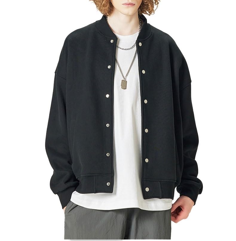 HVDBEYASA Men's Basic College Jacket College Bomber Coat Baseball Bomber Coat Neutral Retro School Uniform Jacket Causal Bomber Jacket with Pockets Button Closure(Black,M)