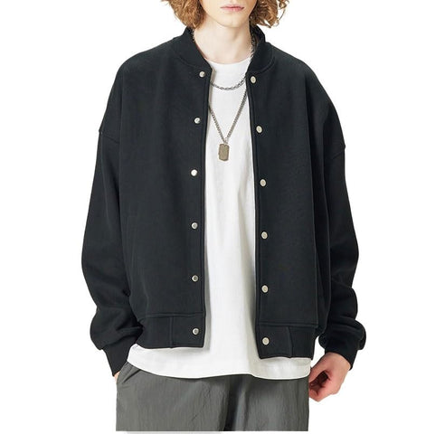 HVDBEYASA Men's Basic College Jacket College Bomber Coat Baseball Bomber Coat Neutral Retro School Uniform Jacket Causal Bomber Jacket with Pockets Button Closure(Black,M)