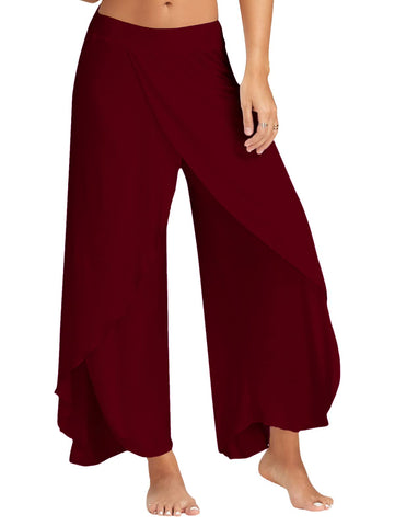 Chilomate Womens Boho Split Wide Leg Pants High Waist Palazzo Vacation Beach Trousers MY104, Burgundy, S