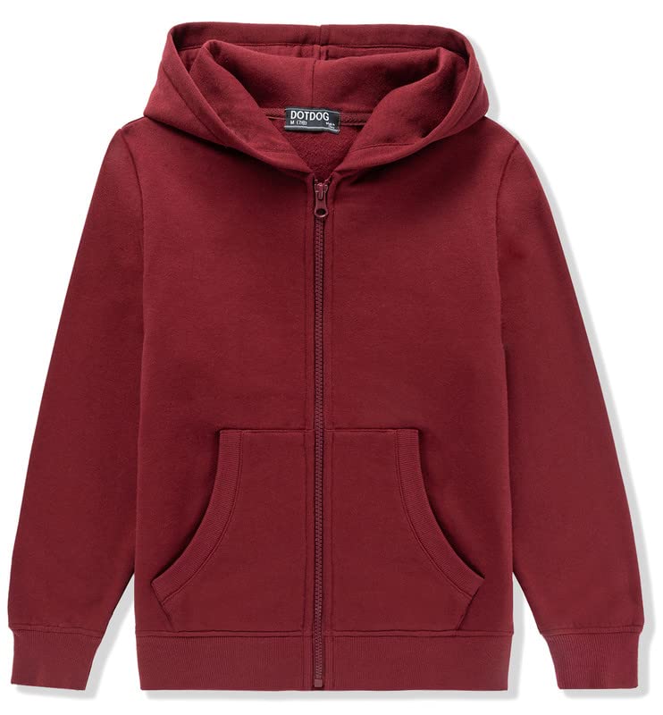 DOTDOG Unisex Kids Soft Brushed Fleece Basic Hooded Sweatshirt Full Zip-Up Hoodie for Boys or Girls (Age 3-12 Years)(Burgundy, xs)