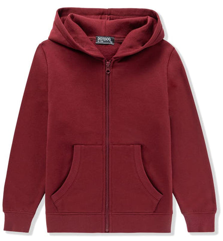 DOTDOG Unisex Kids Soft Brushed Fleece Basic Hooded Sweatshirt Full Zip-Up Hoodie for Boys or Girls (Age 3-12 Years)(Burgundy, xs)
