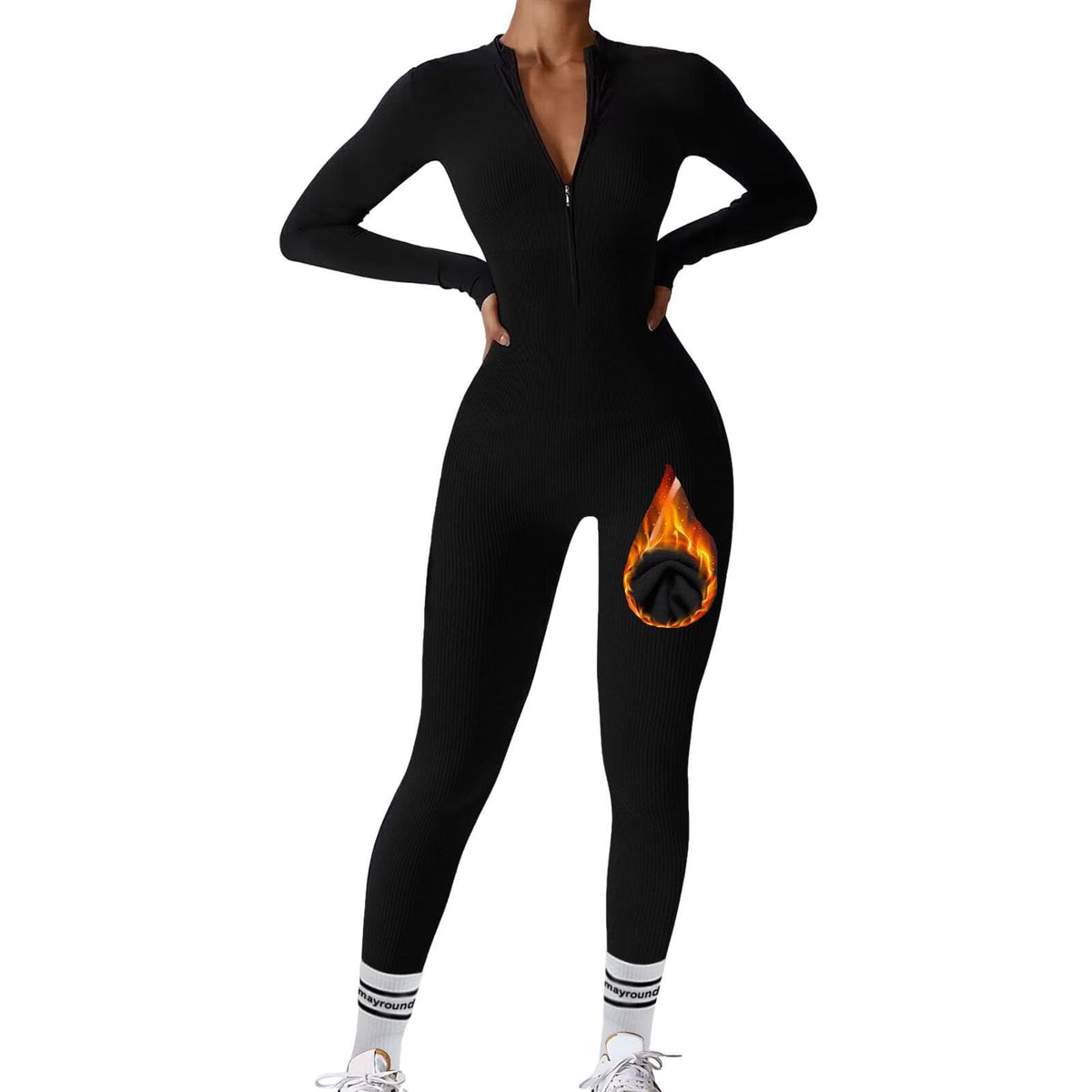 MAYROUND Women's Ribbed Jumpsuit Long Sleeve High Neck with Half Zip Up Bodycon Ski Thermal Sets Sports Bodysuit Bodycon Yoga Sexy Bodycon Basic Plain Casual Streetwear