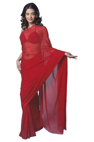 themilestocks Womens Bollywood Chiffon Plain Sari Festival Uniform Saree Wrap Fabric Unstitched Blouse Piece Party Wear (Red),One Size: Width about 1.20 Yard; Length: 6.20 Yard