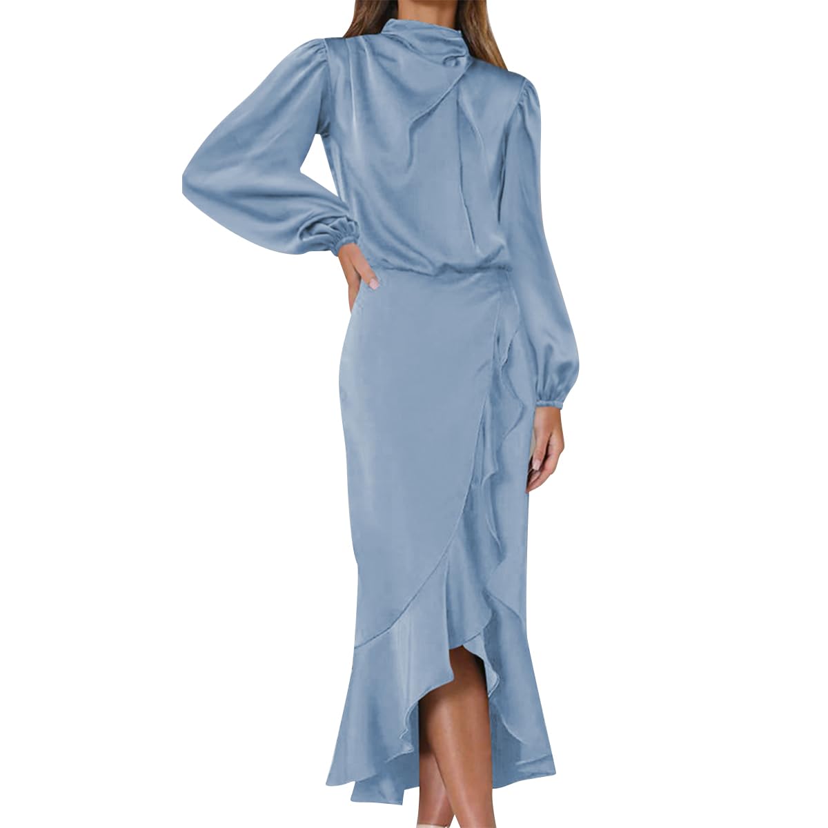 Long Sleeve Satin Dress Women's Silk Dress Mock Neck Ruffle Wrap Dresses Tulip Hemline Midi Dress Fall Formal Wedding Guest Women Evening Dresses Vestido Coctel para Mujer Elegante Light Blue b XL