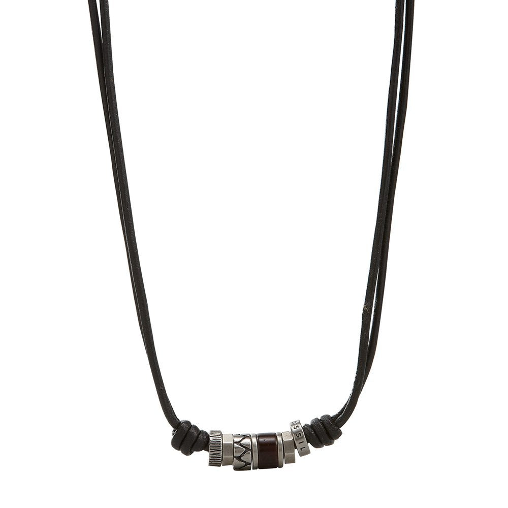 Fossil Necklace for Men , brown, Silver Genuine Leather Necklace, JF84068040