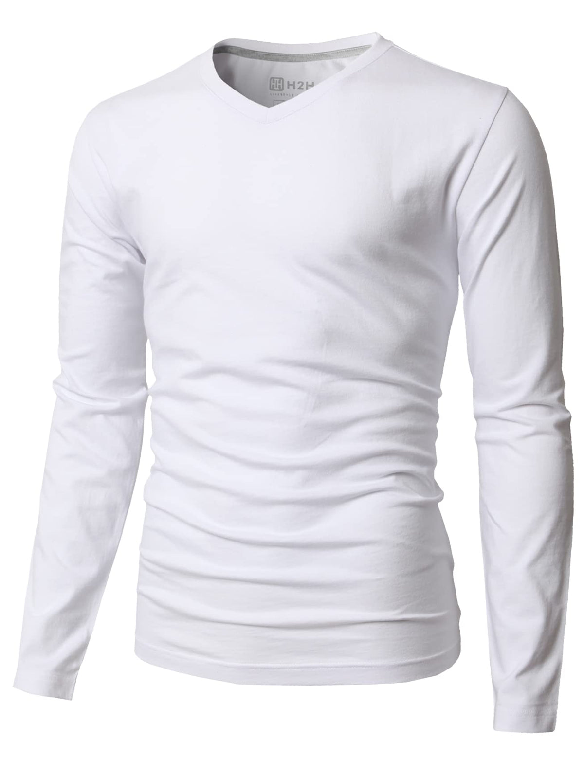 H2H Men's V-Neck Long Sleeve Slim Fit T Shirts - Light Weight and Comfortable White US M/Asia L (KMTTL0374)