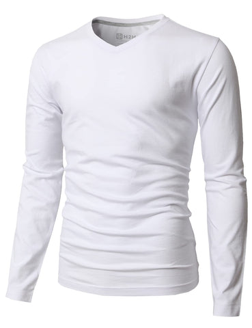 H2H Men's V-Neck Long Sleeve Slim Fit T Shirts - Light Weight and Comfortable White US M/Asia L (KMTTL0374)