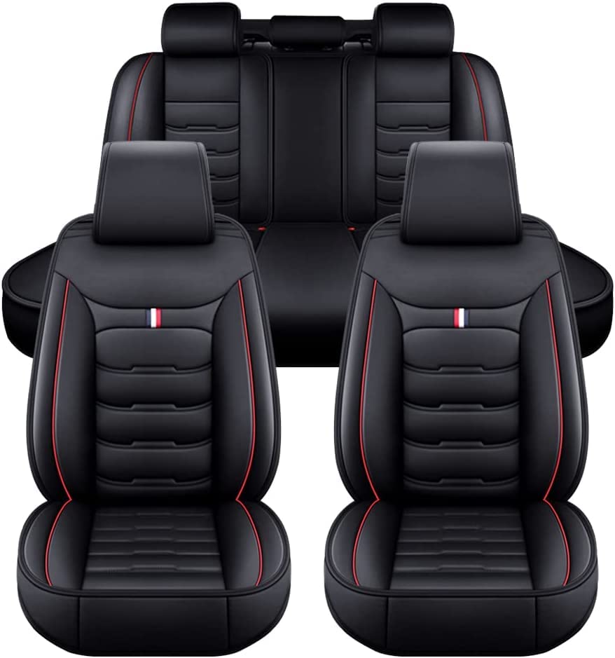 LAXIL Car Leather Seat Cover Sets for VW Golf GTI 2000-2023, 5 Seats Full Set Leather Front Rear Seat Protectors Non-Slip Waterproof Durable Accessories,Standard_Set-D_Black_Red