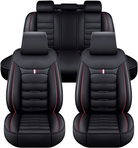 LAXIL Car Leather Seat Cover Sets for VW Golf GTI 2000-2023, 5 Seats Full Set Leather Front Rear Seat Protectors Non-Slip Waterproof Durable Accessories,Standard_Set-D_Black_Red