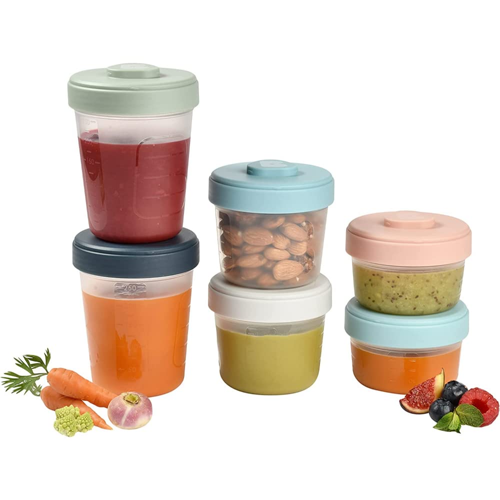 BÃ‰ABA, Set of 6 Storage Pots, Interlocking, Stackable Pots, Baby food storage container, 100 Percent Airtight, Freezablen, Breast Milk, 2 x 90 ml + 2 x 150 ml + 2 x 250 ml