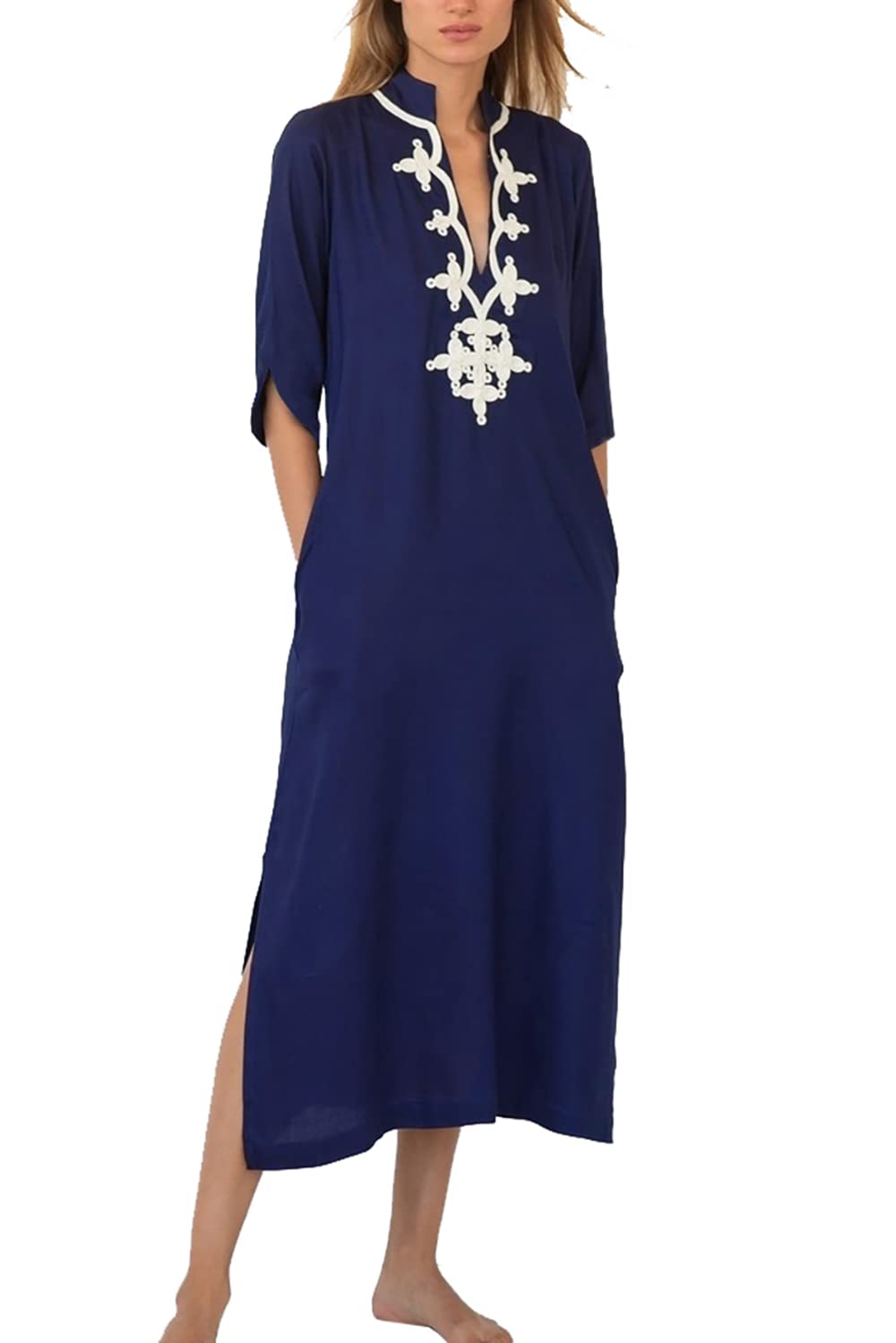 YouKD Summer Embroidered Long Kaftan Bohemian Kimono Beach Swimsuit Cover Up Maxi Dress for Women
