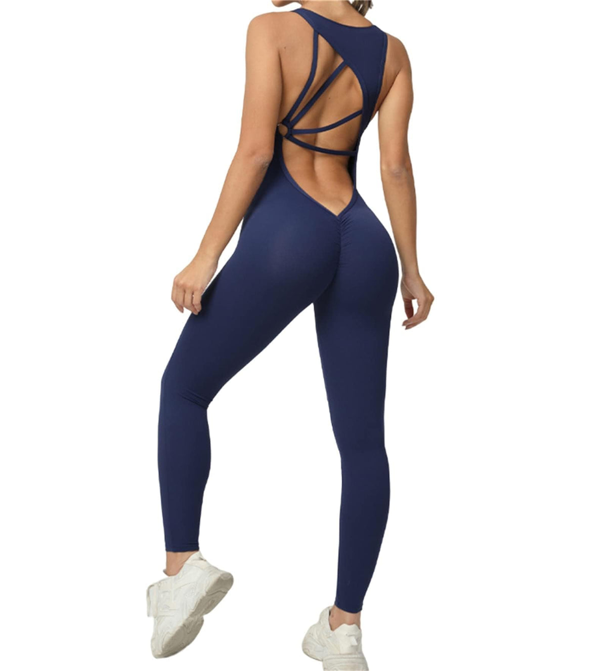 Qszmjo Cut Out Backless Workout Catsuit Bodysuit Women's One Piece Solid Yoga Jumpsuit V Neck Sport Unitard Rompers for Gym Tracksuit Fitness M