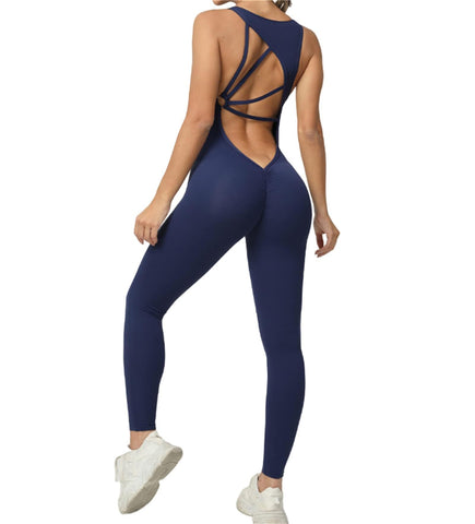 Qszmjo Cut Out Backless Workout Catsuit Bodysuit Women's One Piece Solid Yoga Jumpsuit V Neck Sport Unitard Rompers for Gym Tracksuit Fitness M