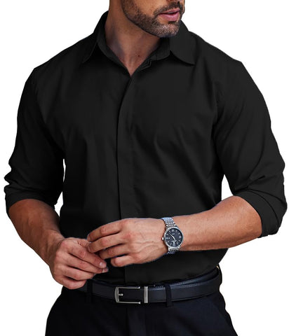 COOFANDY Mens Business Casual Shirt Covered Placket Button Up Long Sleeve Performance Suit Shirt for Men Relaxed Fit No Wrinkle Fitted Wedding Outfits Black XL
