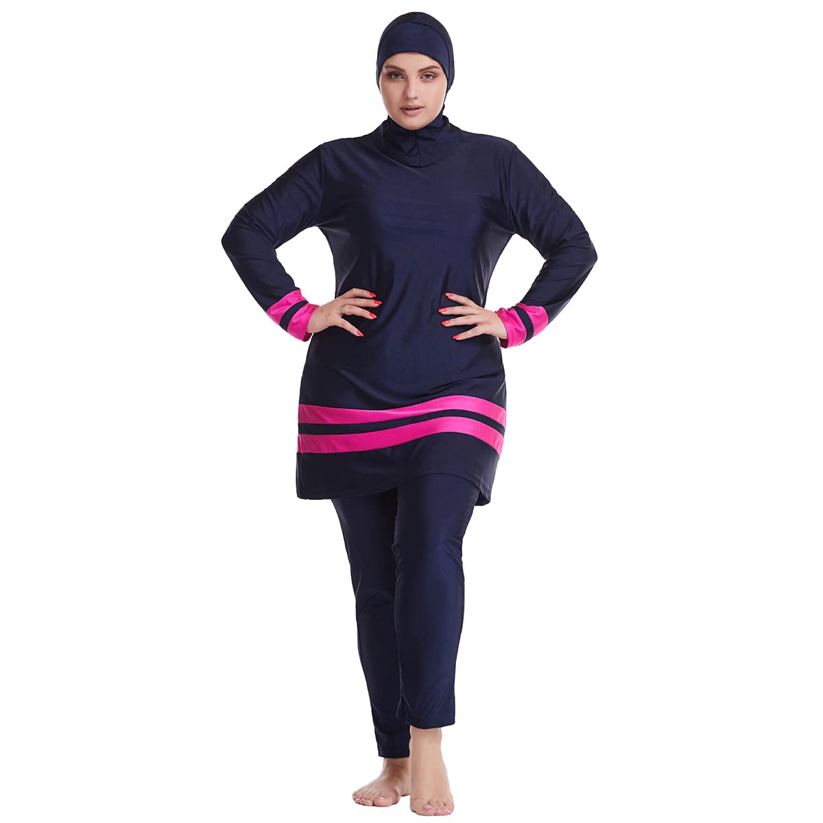 Plus Size Muslim Swimsuits for Women Modest Islamic Swimwear Burkini Full Cover Hijab Striped Long Sleeve Muslim Dress Top Pants Cap Set 3PCS Sun Protection Rash Guard Fat Bathing Suits Navy Blue 2XL
