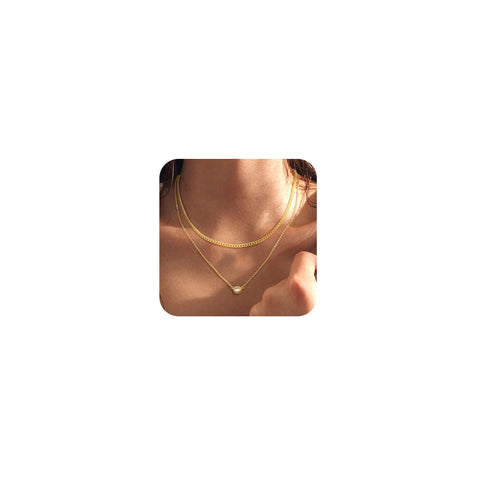 Robaice Gold Layered Necklaces for Women, Dainty 14K Gold Plated CZ Diamond Pendant Necklace, Cuban Chain Choker Necklaces Trendy Jewelry Gift for Women