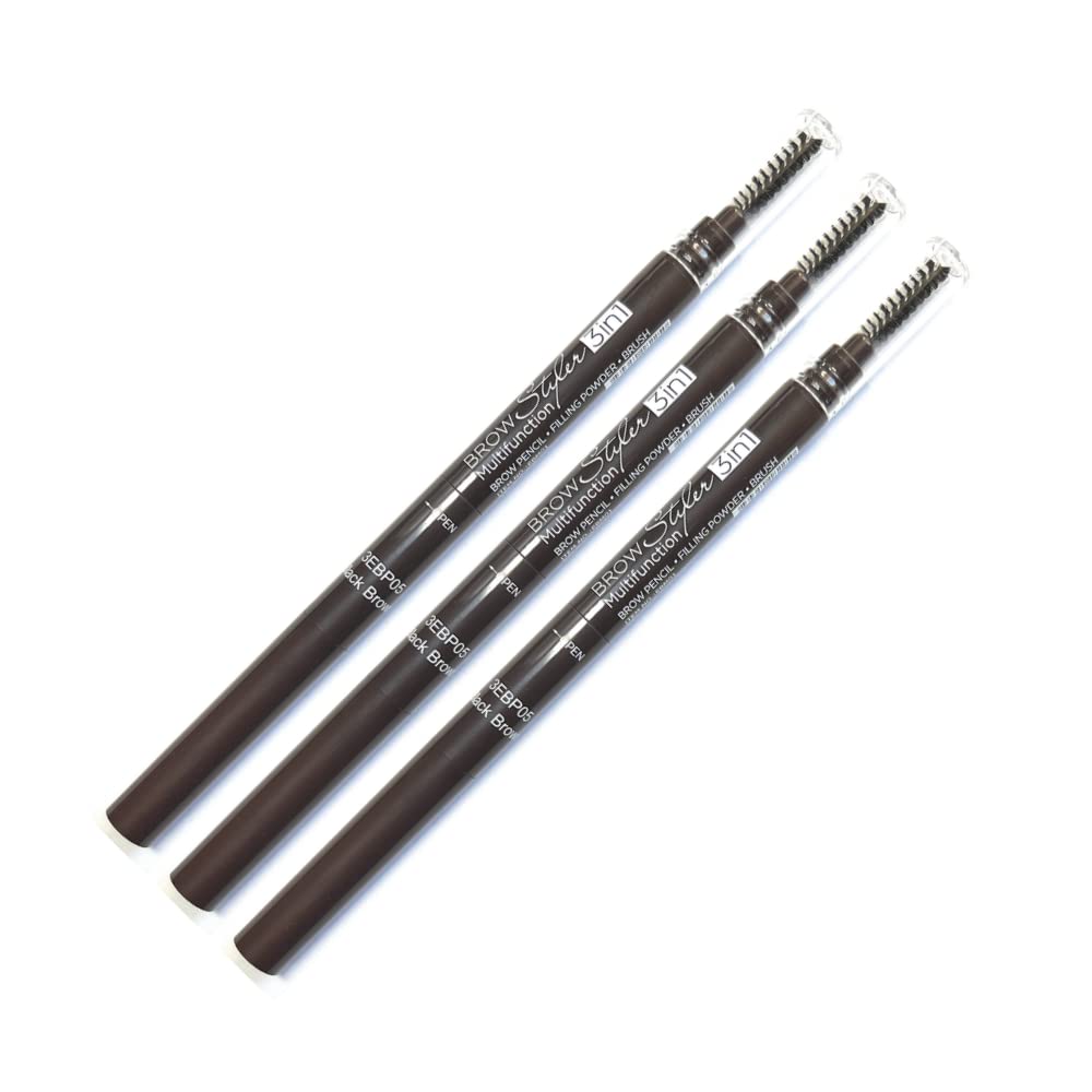(3 pcs) Nabi 3 in 1 Eye Brow Pencil, Eyebrow Pencil with Brow Brush and Eye Brow Filling Powder (Black Brown)