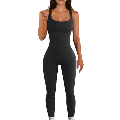 RPAEOY Women's Jumpsuits Ribbed Round Neck Sleeveless Tank Rompers Stretchy Seamless Playsuits One Piece Unitard for Sports Gym Yoga Workout Fitness Activewear Black M